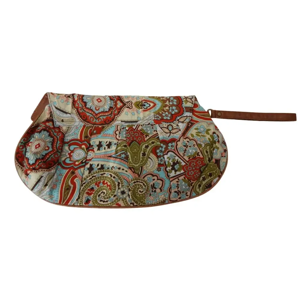Vintage 90s Y2K Large Clutch Bag Paisley Flapover Leather Detail Wristlet Boho